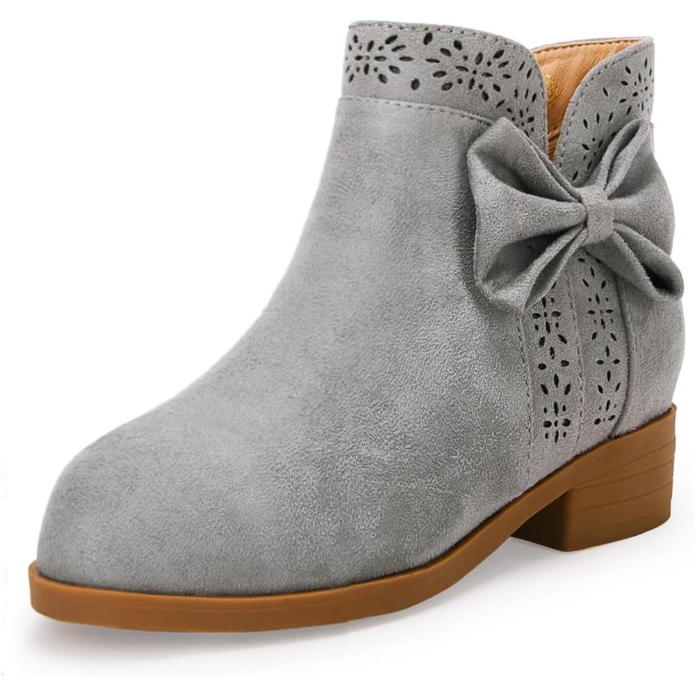 imageGirls Kids Bow Knot Ankle Boots Faux Suede V Cutout Low Stacked Heel Side Zipper Chelsea ShoesGrey