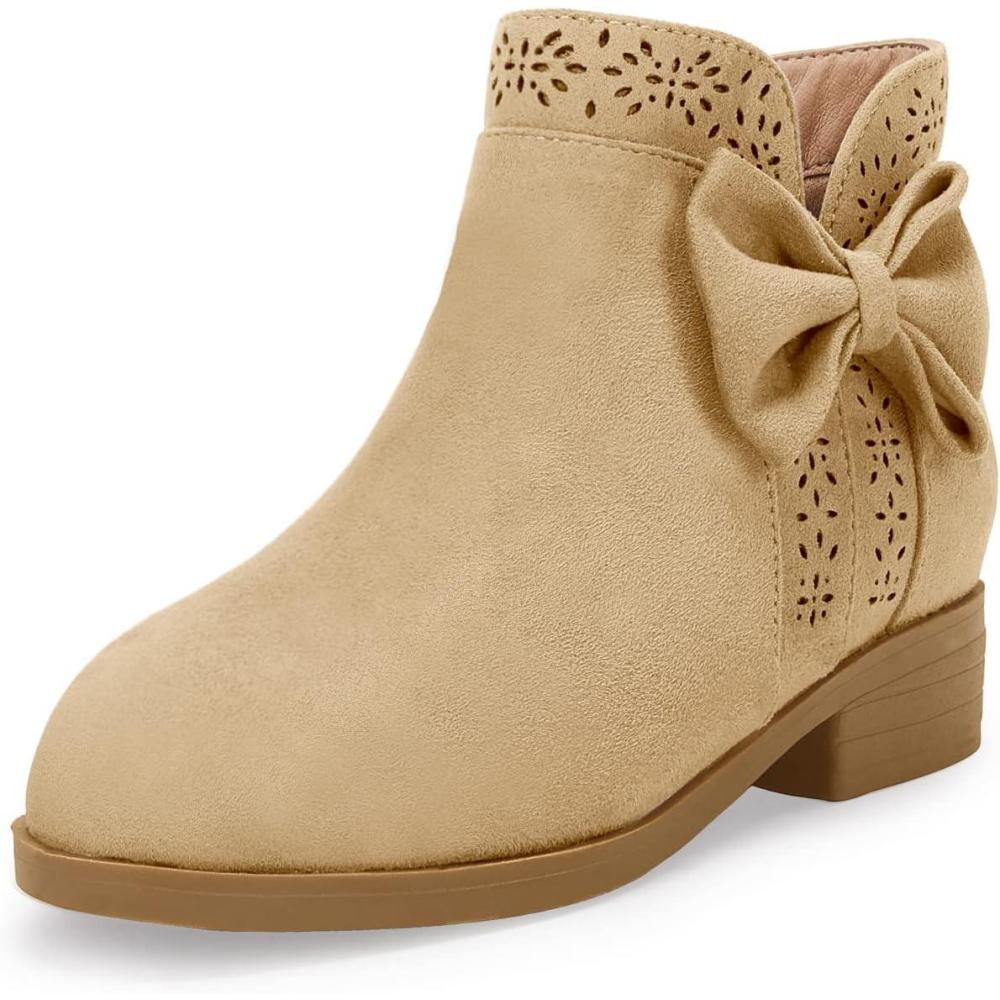 imageGirls Kids Bow Knot Ankle Boots Faux Suede V Cutout Low Stacked Heel Side Zipper Chelsea ShoesKhaki