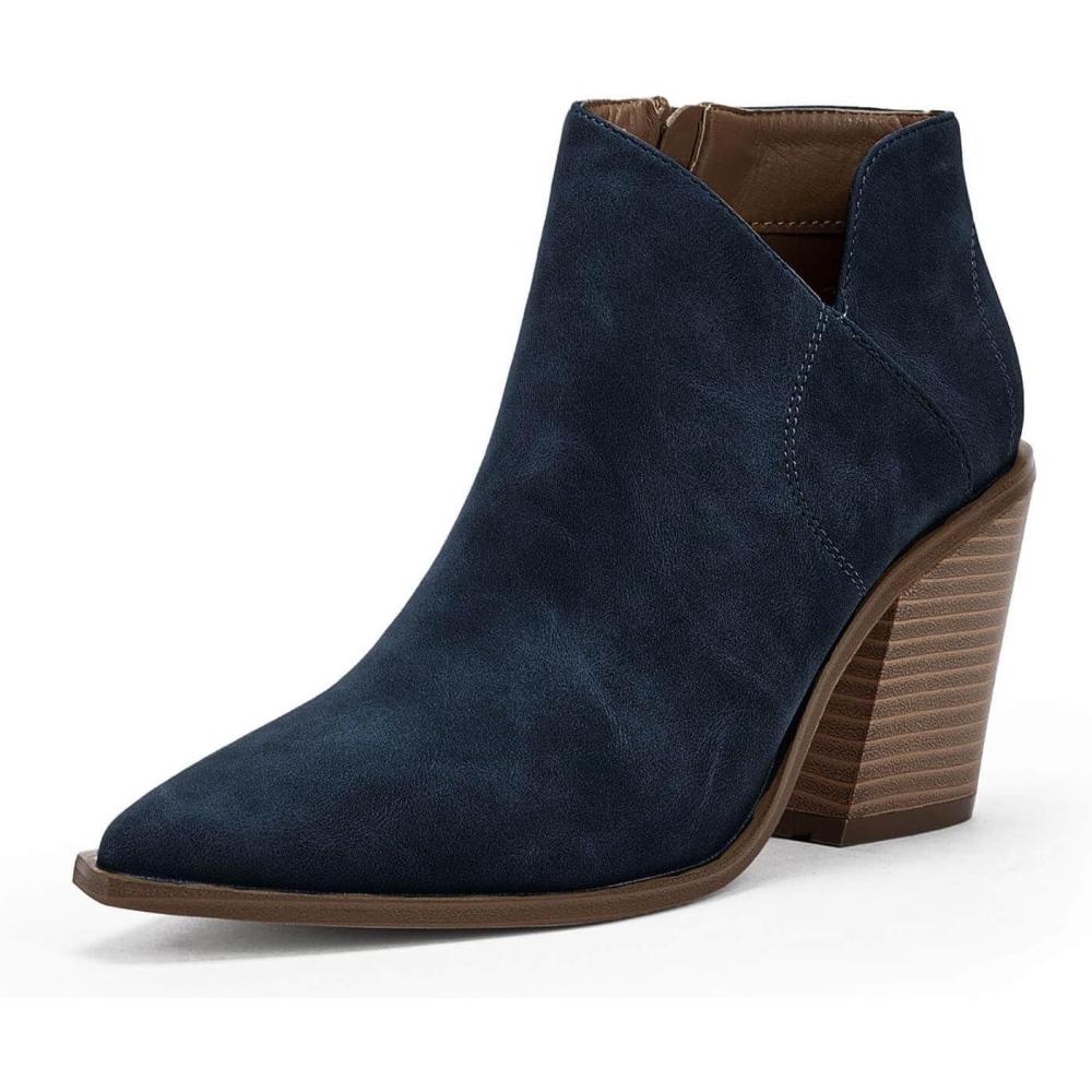 imageWomens Pointed Toe Ankle Boots Block Stacked Chunky Heel Cutout Side Zipper Fall Booties Shoe1navy