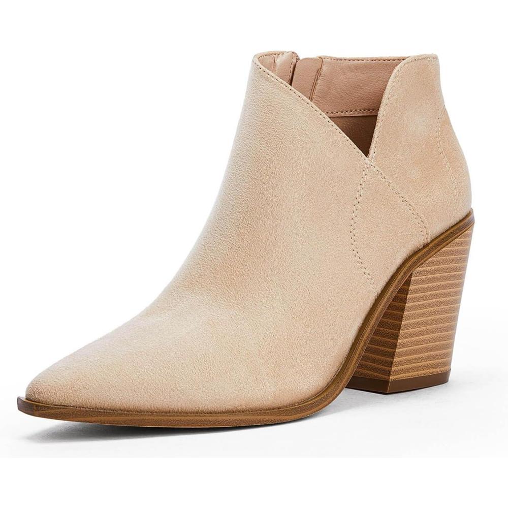imageWomens Pointed Toe Ankle Boots Block Stacked Chunky Heel Cutout Side Zipper Fall Booties Shoe1nude