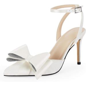 Coutgo Bow Black Heels for Women Rhinestone Closed Toe High Heel Strappy Dress Wedding Bridal Pumps Shoes(Off-white)