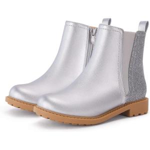 Coutgo Girls Glitter Ankle Boots Side Zipper Comfortable Chelsea Dress Booties for Toddler/Little Kid/Big Kids(Silver)
