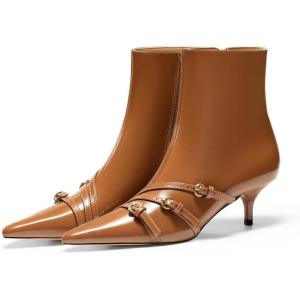 Coutgo Womens Buckle Strap Ankle Booties Kitten Low Heel Pointed Toe Y2K Boots Side Zipper Fall Shoes(Brown)