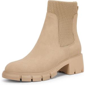 Coutgo Women’s Chelsea Platform Ankle Boots Elastic Slip On Chunky Block Heel Lug Sole Booties(Beige)