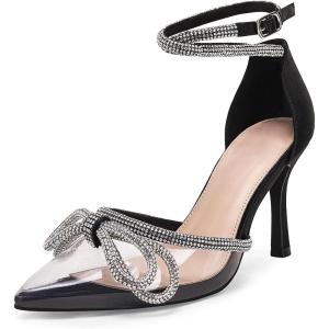 Coutgo Women’s Clear Heels Closed Toe Pointed Rhinestone Heels Wedding Bridal Dress Shoes Ankle Strap Mid Heel Stiletto Pumps Shoes(Black)