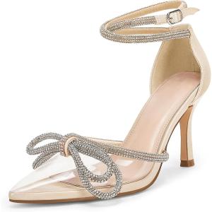Coutgo Women’s Clear Heels Closed Toe Pointed Rhinestone Heels Wedding Bridal Dress Shoes Ankle Strap Mid Heel Stiletto Pumps Shoes(Light Gold)