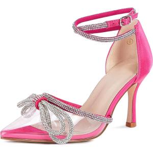 Coutgo Women’s Clear Heels Closed Toe Pointed Rhinestone Heels Wedding Bridal Dress Shoes Ankle Strap Mid Heel Stiletto Pumps Shoes(Rose Red)