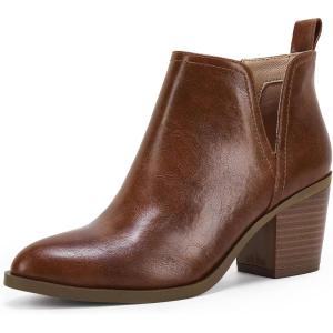 Coutgo Womens Cut Out Ankle Boots Chunky Stacked Heel Almond Toe Slip on Western Booties(Dark Brown)
