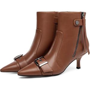 Coutgo Womens Kitten Heel Ankle Boots Pointed Toe Buckle Side Zipper Tassel Fall Winter Booties Shoes(Brown)