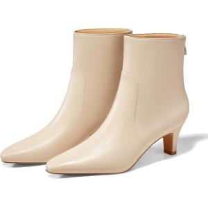 Coutgo Womens Low Kitten Heel Short Boots Fall Square Pointed Toe Ankle Boots Leather Dress Booties With Zipper(Beige)