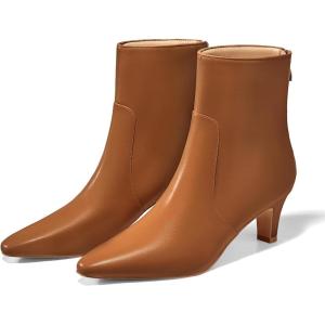 Coutgo Womens Low Kitten Heel Short Boots Fall Square Pointed Toe Ankle Boots Leather Dress Booties With Zipper(Brown)