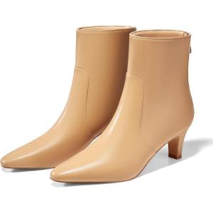 Coutgo Womens Low Kitten Heel Short Boots Fall Square Pointed Toe Ankle Boots Leather Dress Booties With Zipper(Khaki)