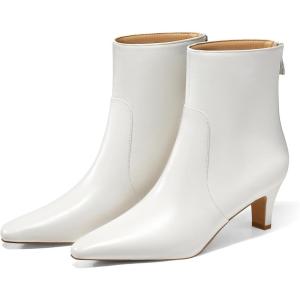 Coutgo Womens Low Kitten Heel Short Boots Fall Square Pointed Toe Ankle Boots Leather Dress Booties With Zipper(White)