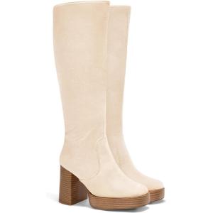 Coutgo Womens Platform Knee High Boots Chunky Block Heels Square Toe Tall Boots Side Zipper Fall Dress Shoes(Beige Suede)