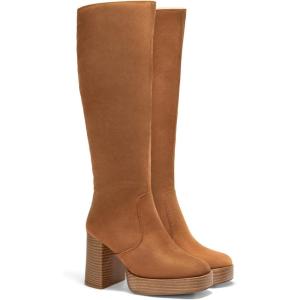 Coutgo Womens Platform Knee High Boots Chunky Block Heels Square Toe Tall Boots Side Zipper Fall Dress Shoes(Brown Suede)