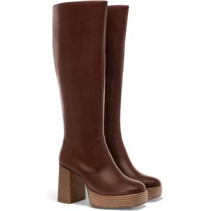 Coutgo Womens Platform Knee High Boots Chunky Block Heels Square Toe Tall Boots Side Zipper Fall Dress Shoes(Dark Brown Pu)