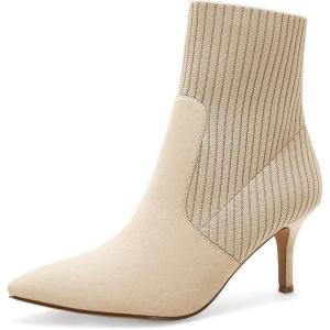 Coutgo Women’s Pointed Toe Ankle Boots Stiletto Kitten Heel Knit Faux Suede Winter Sock Booties(Beige Suede)