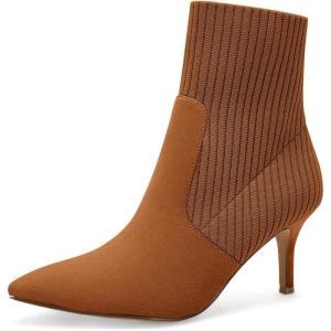 Coutgo Women’s Pointed Toe Ankle Boots Stiletto Kitten Heel Knit Faux Suede Winter Sock Booties(Brown Suede)
