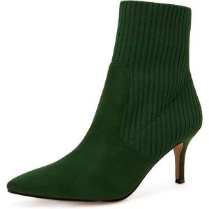 Coutgo Women’s Pointed Toe Ankle Boots Stiletto Kitten Heel Knit Faux Suede Winter Sock Booties(Dark Green Suede)