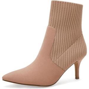 Coutgo Women’s Pointed Toe Ankle Boots Stiletto Kitten Heel Knit Faux Suede Winter Sock Booties(Khaki Suede)