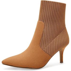 Coutgo Women’s Pointed Toe Ankle Boots Stiletto Kitten Heel Knit Faux Suede Winter Sock Booties(Light Brown Suede)