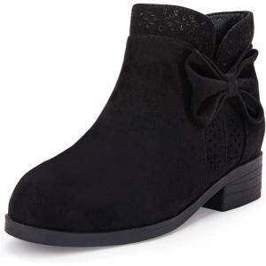 Girls Kids Bow Knot Ankle Boots Faux Suede V Cutout Low Stacked Heel Side Zipper Chelsea Shoes(Black)