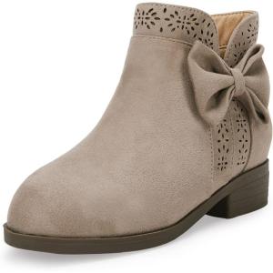 Girls Kids Bow Knot Ankle Boots Faux Suede V Cutout Low Stacked Heel Side Zipper Chelsea Shoes(Taupe)