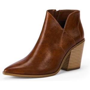 Womens Pointed Toe Ankle Boots Block Stacked Chunky Heel Cutout Side Zipper Fall Booties Shoe(1-brown)