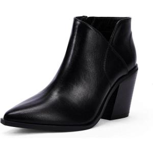 Womens Pointed Toe Ankle Boots Block Stacked Chunky Heel Cutout Side Zipper Fall Booties Shoe(1-cool Black)