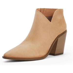 Womens Pointed Toe Ankle Boots Block Stacked Chunky Heel Cutout Side Zipper Fall Booties Shoe(1-light Brown)