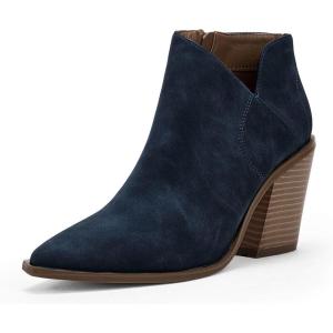 Womens Pointed Toe Ankle Boots Block Stacked Chunky Heel Cutout Side Zipper Fall Booties Shoe(1-navy)