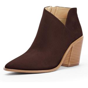 Womens Pointed Toe Ankle Boots Block Stacked Chunky Heel Cutout Side Zipper Fall Booties Shoe(Chocolate Suede)