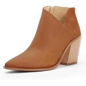 Womens Pointed Toe Ankle Boots Block Stacked Chunky Heel Cutout Side Zipper Fall Booties Shoe(Golden Brown Suede)
