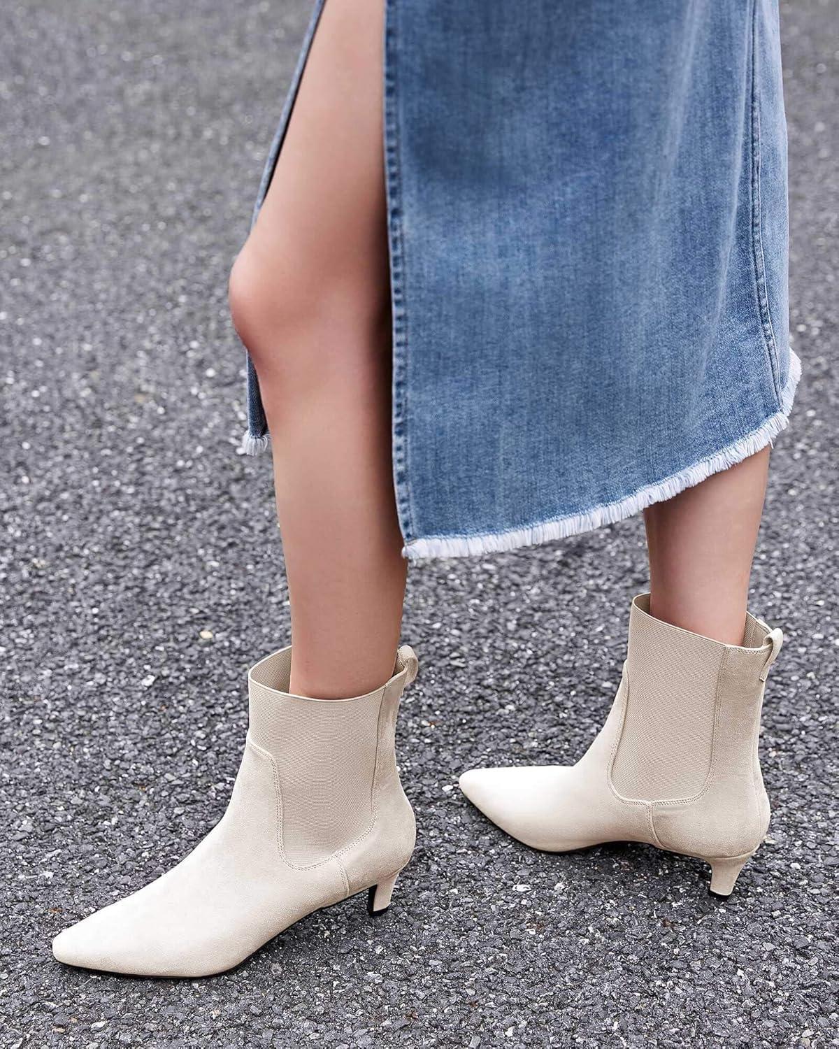 imageCoutgo Womens Ankle Boots Low Kitten Heel Pointed Toe Slip On Elastic Dressy Fall Winter Booties ShoesBeige