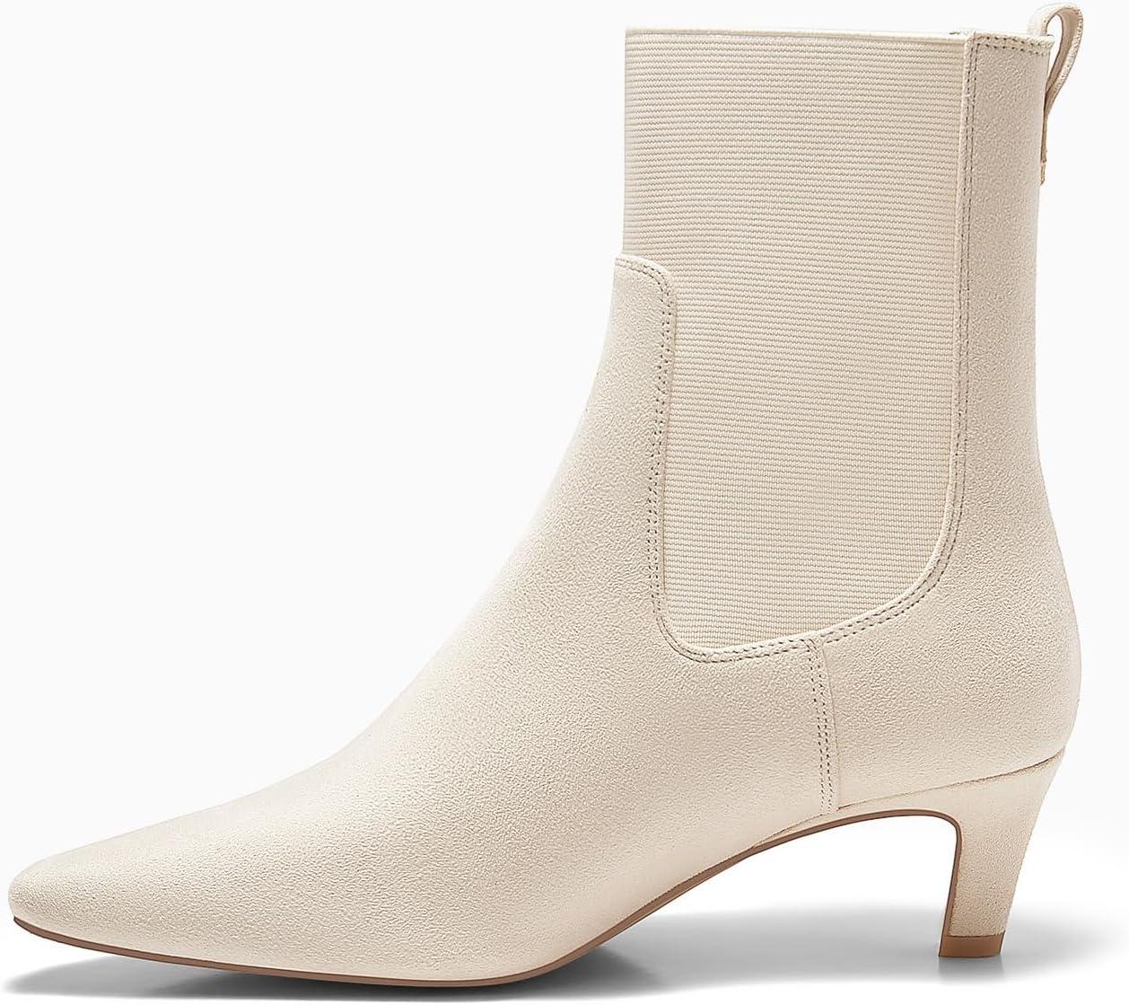 imageCoutgo Womens Ankle Boots Low Kitten Heel Pointed Toe Slip On Elastic Dressy Fall Winter Booties ShoesBeige