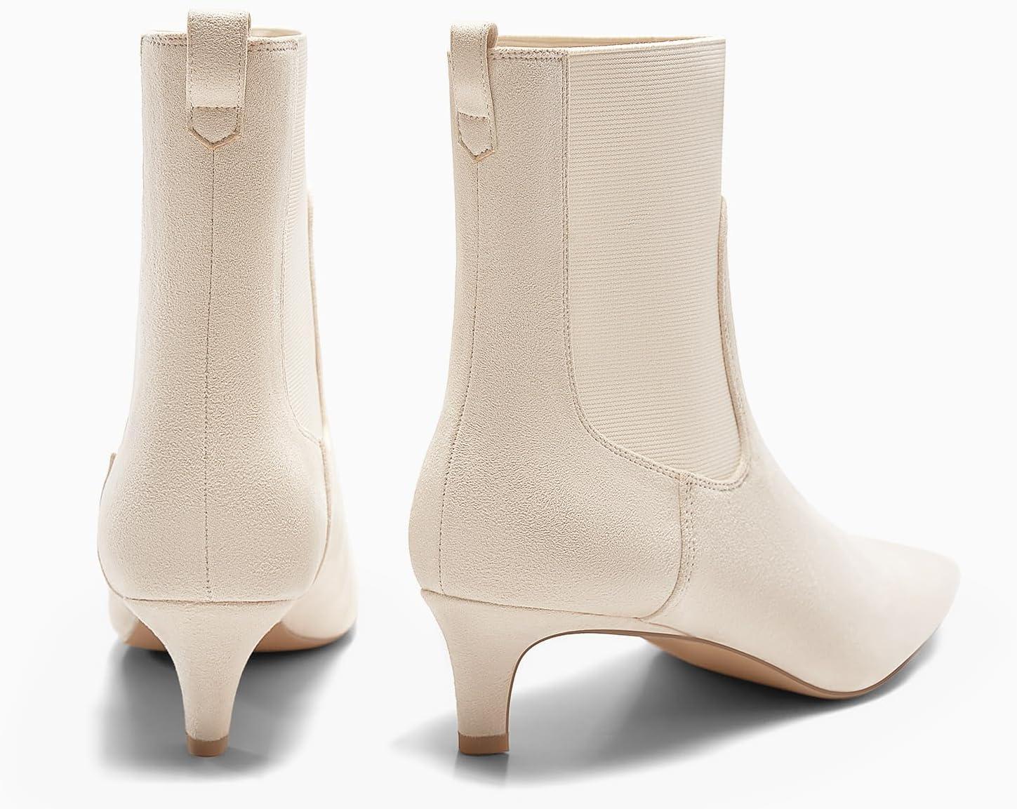 imageCoutgo Womens Ankle Boots Low Kitten Heel Pointed Toe Slip On Elastic Dressy Fall Winter Booties ShoesBeige