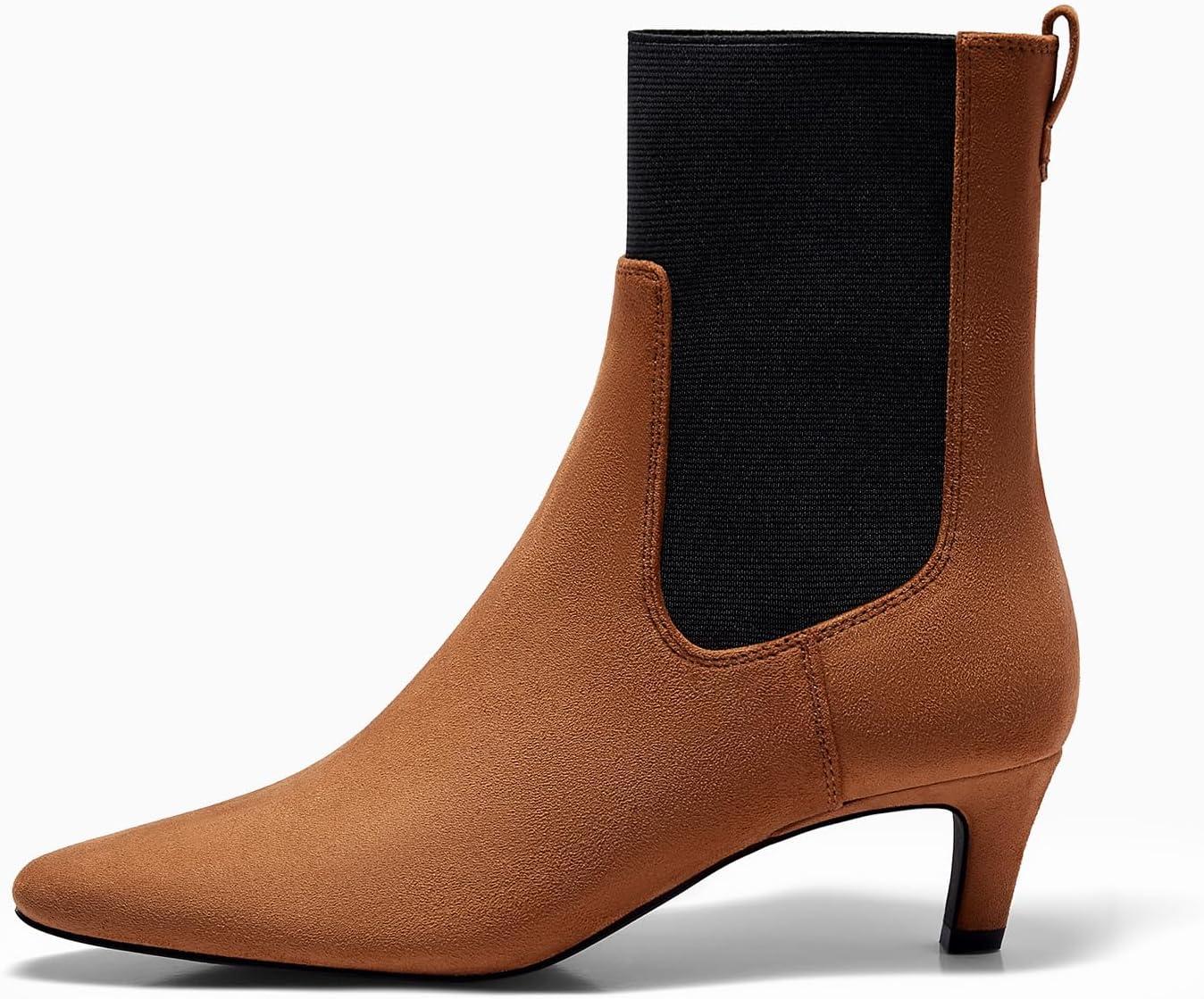 imageCoutgo Womens Ankle Boots Low Kitten Heel Pointed Toe Slip On Elastic Dressy Fall Winter Booties ShoesBrown