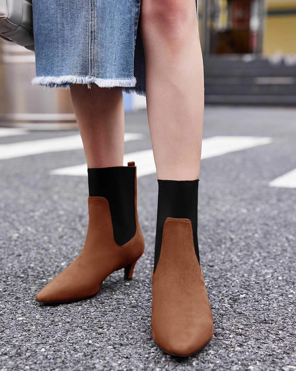imageCoutgo Womens Ankle Boots Low Kitten Heel Pointed Toe Slip On Elastic Dressy Fall Winter Booties ShoesBrown