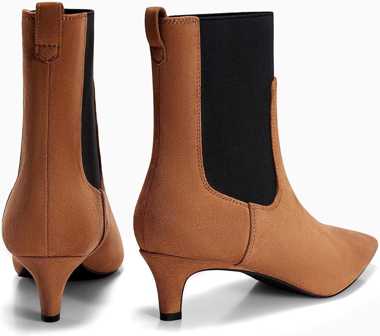 imageCoutgo Womens Ankle Boots Low Kitten Heel Pointed Toe Slip On Elastic Dressy Fall Winter Booties ShoesBrown