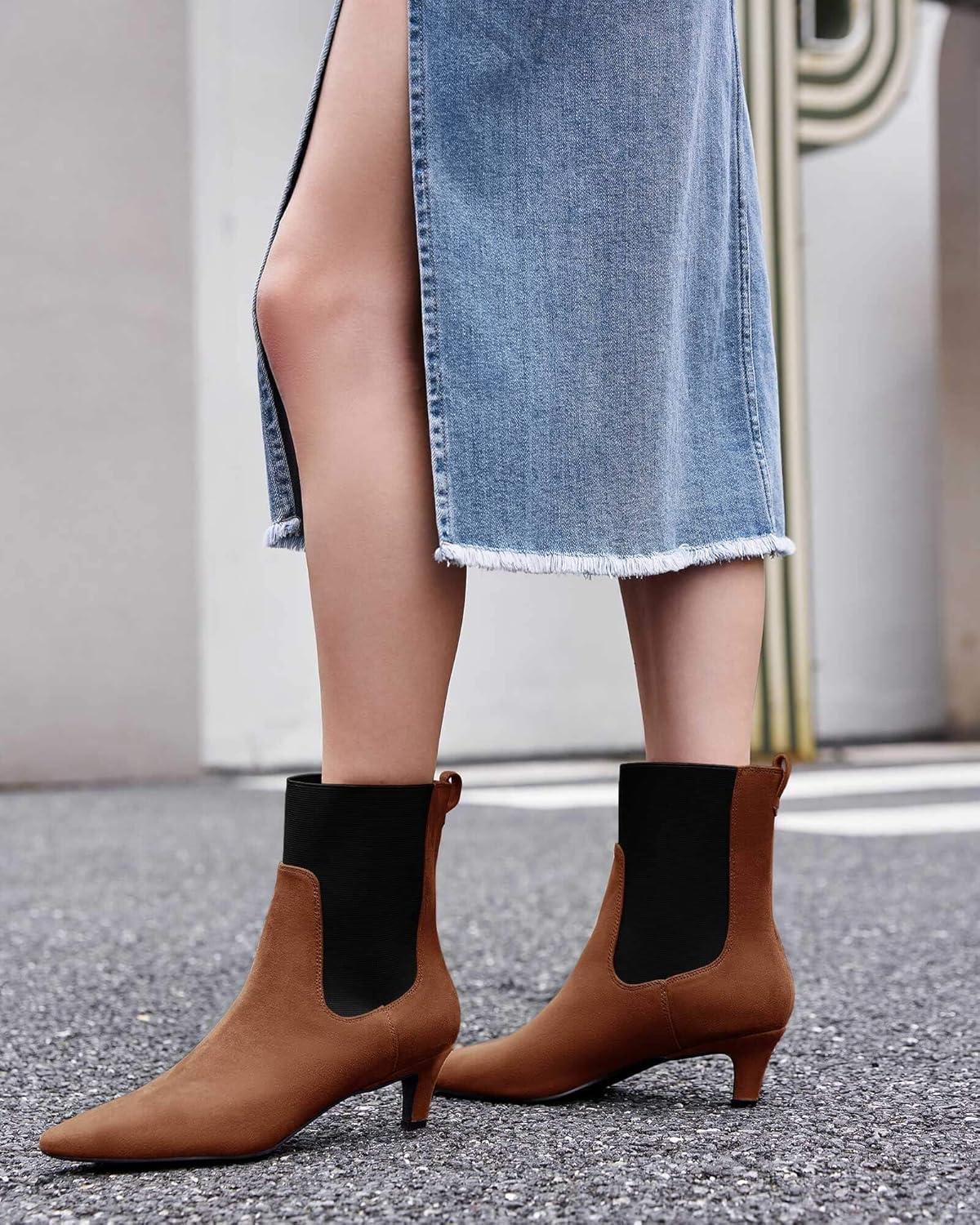 imageCoutgo Womens Ankle Boots Low Kitten Heel Pointed Toe Slip On Elastic Dressy Fall Winter Booties ShoesBrown