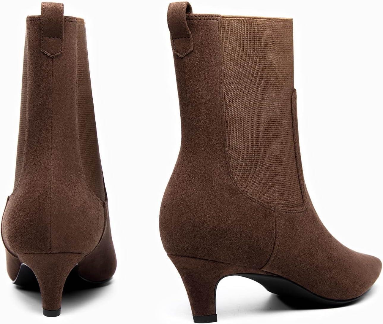 imageCoutgo Womens Ankle Boots Low Kitten Heel Pointed Toe Slip On Elastic Dressy Fall Winter Booties ShoesChocolate