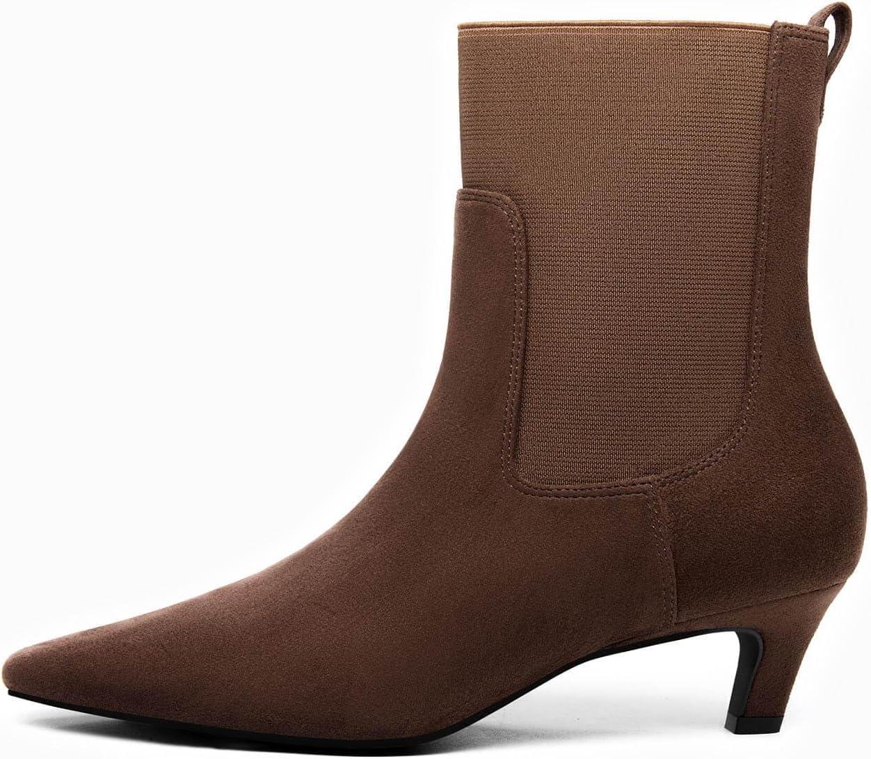 imageCoutgo Womens Ankle Boots Low Kitten Heel Pointed Toe Slip On Elastic Dressy Fall Winter Booties ShoesChocolate