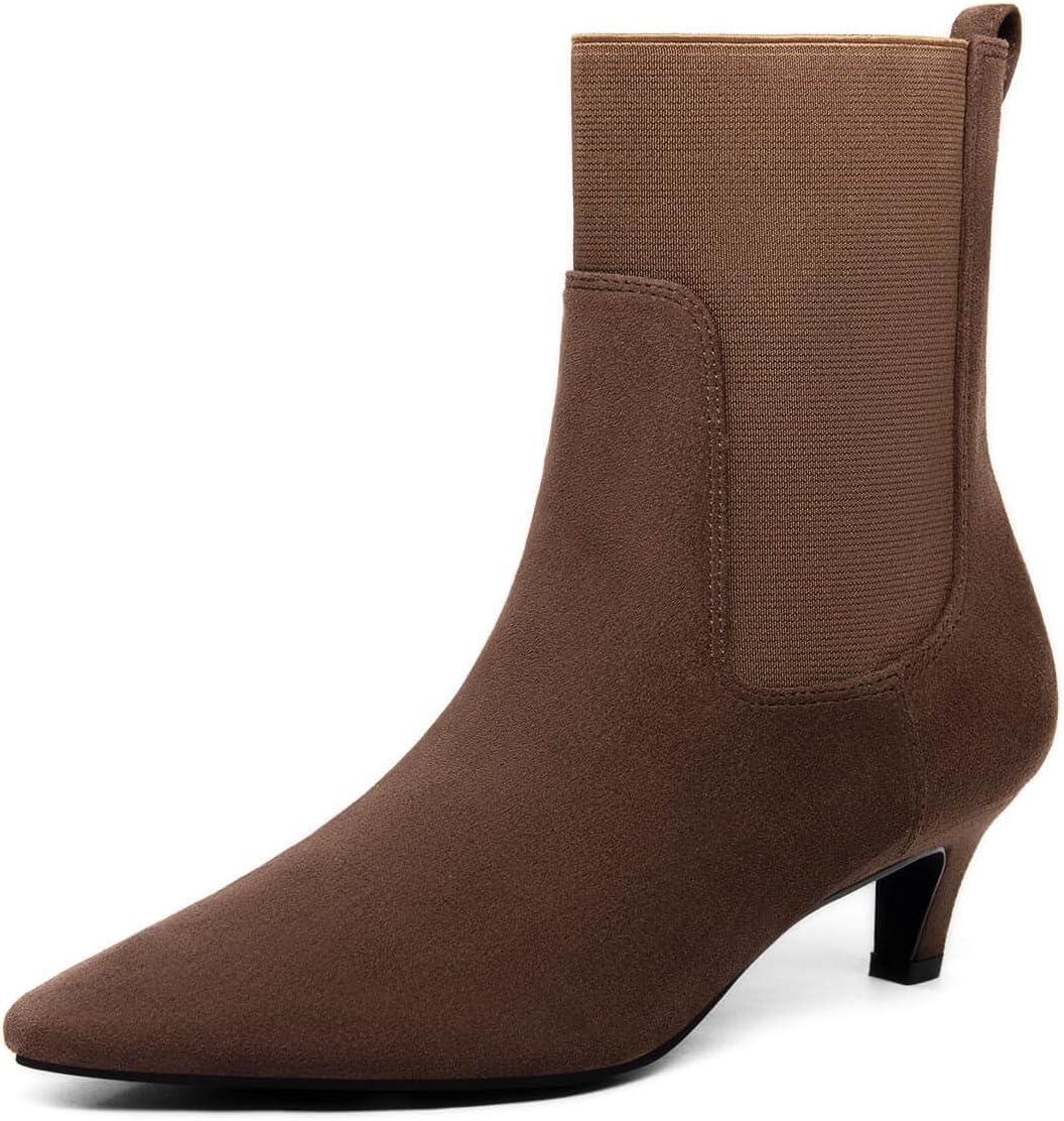 imageCoutgo Womens Ankle Boots Low Kitten Heel Pointed Toe Slip On Elastic Dressy Fall Winter Booties ShoesChocolate