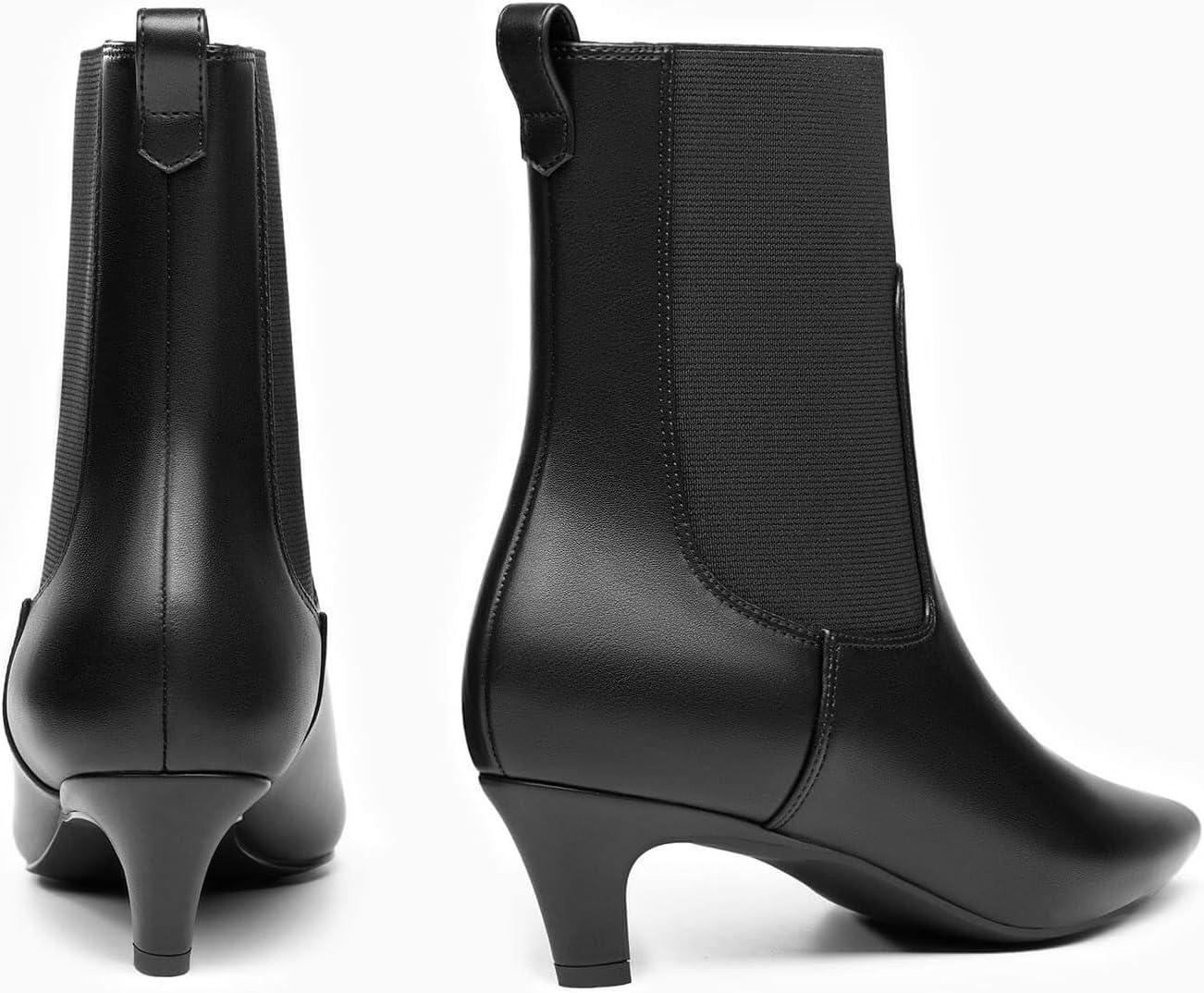 imageCoutgo Womens Ankle Boots Low Kitten Heel Pointed Toe Slip On Elastic Dressy Fall Winter Booties ShoesCool Black Pu