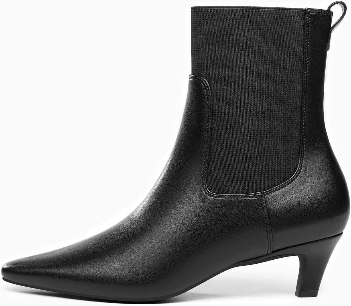 imageCoutgo Womens Ankle Boots Low Kitten Heel Pointed Toe Slip On Elastic Dressy Fall Winter Booties ShoesCool Black Pu