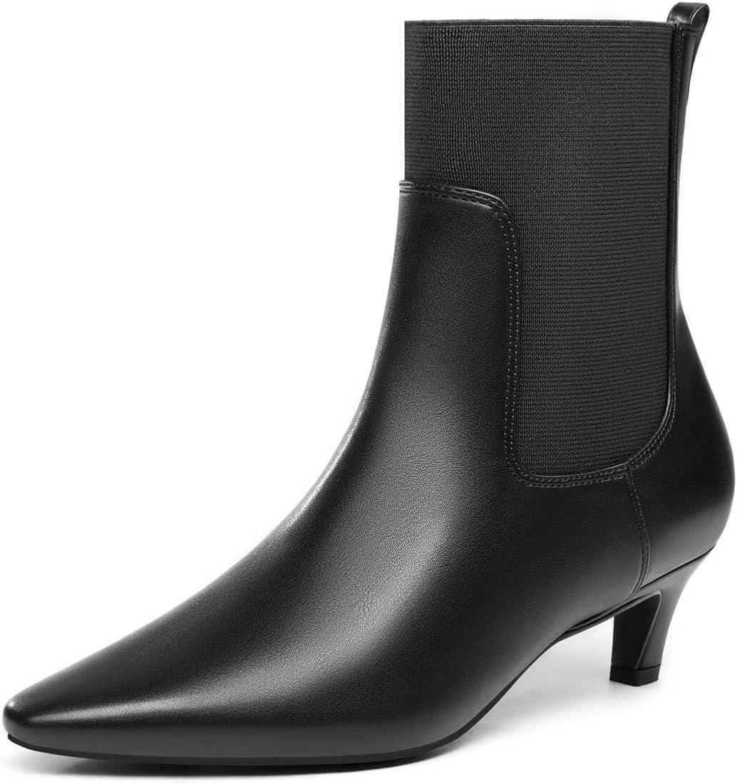 imageCoutgo Womens Ankle Boots Low Kitten Heel Pointed Toe Slip On Elastic Dressy Fall Winter Booties ShoesCool Black Pu