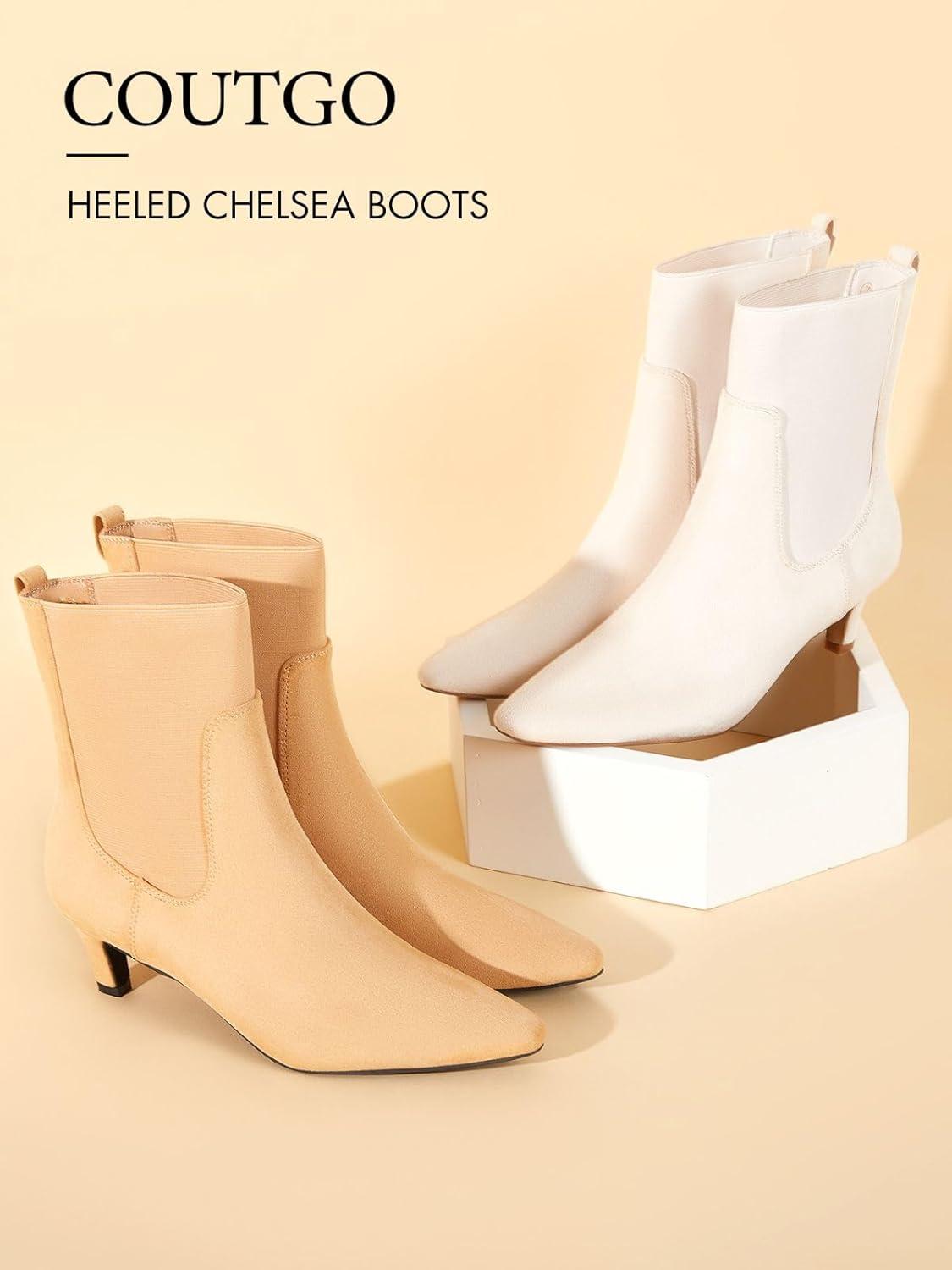 imageCoutgo Womens Ankle Boots Low Kitten Heel Pointed Toe Slip On Elastic Dressy Fall Winter Booties ShoesKhaki