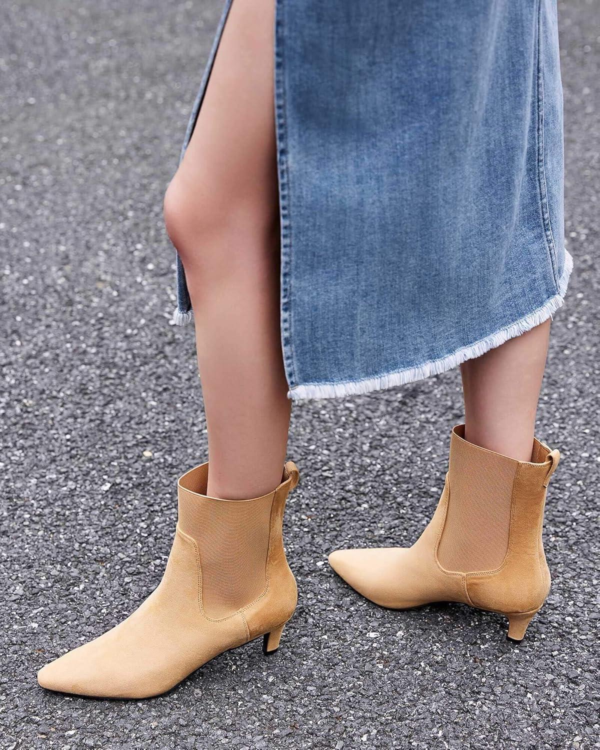 imageCoutgo Womens Ankle Boots Low Kitten Heel Pointed Toe Slip On Elastic Dressy Fall Winter Booties ShoesKhaki