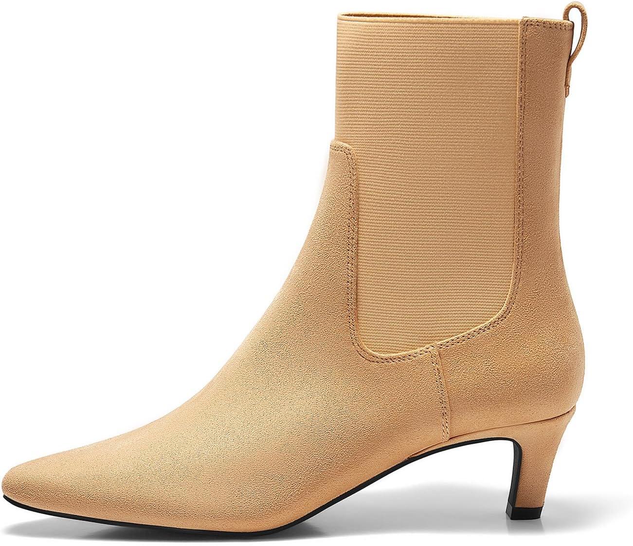 imageCoutgo Womens Ankle Boots Low Kitten Heel Pointed Toe Slip On Elastic Dressy Fall Winter Booties ShoesKhaki