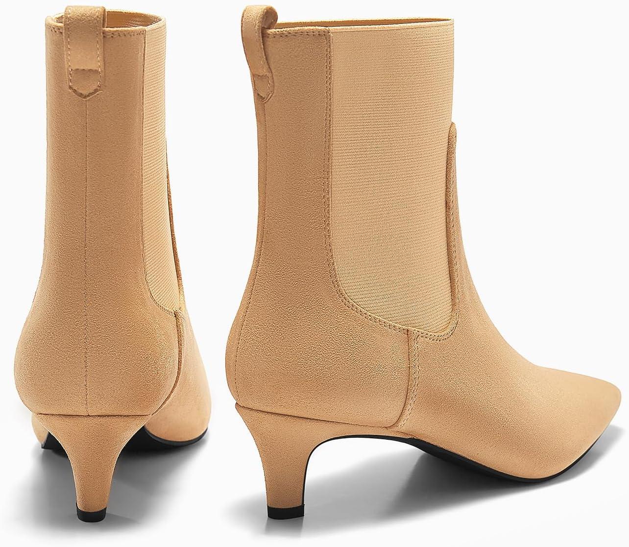 imageCoutgo Womens Ankle Boots Low Kitten Heel Pointed Toe Slip On Elastic Dressy Fall Winter Booties ShoesKhaki